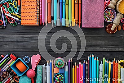 view Back to school supplies background education essentials in array Stock Photo