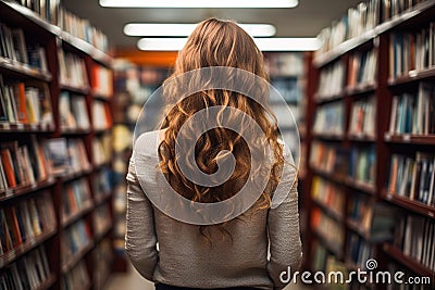 view from the back of a young curly woman in a light sweater stands in a library among the shelves with books Stock Photo