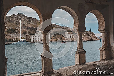 View of the Balaklava bay from the ruins of a Genoese fortress. Editorial Stock Photo