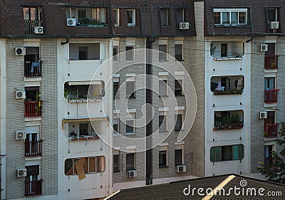 View from balcony on apartment building district Editorial Stock Photo