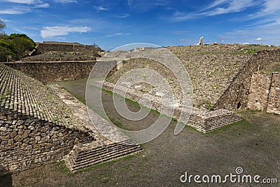 View of the ballgame court at the Monte AlbÃ¡n pyramid complex in Oaxaca Stock Photo