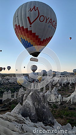 View of balloons flying over the valley of love, Cappadocia, Turkey Stock Photo