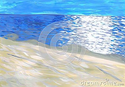 View of the Baltic Sea from the height of the sand dune. Children`s drawing Stock Photo