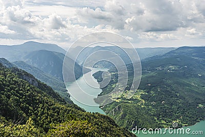 Landscape view from Banjska Stena on Drina river, mountains, dam and borde Stock Photo