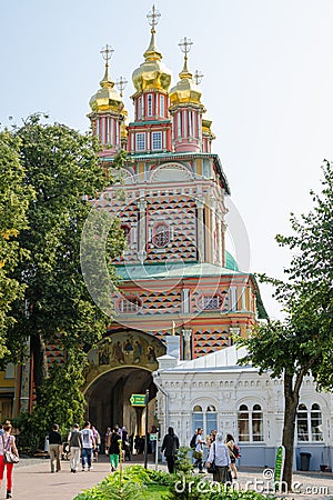 View of the Baptist and the holy temple gate at Holy Trinity St. Sergius Lavra Editorial Stock Photo