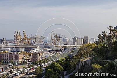 View on Barcelona port and MontjÃ¼ic slope Stock Photo