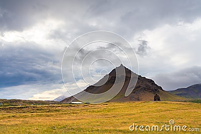 View of the Bardar Saga Snaefellsass Statue, Arnarstapi, Iceland Stock Photo