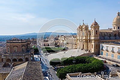 View of the baroque cathedral, town hall and the main street of Stock Photo