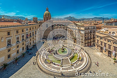 View of baroque Piazza Pretoria and the Praetorian Fountain in Palermo, Sicily, Italy Stock Photo