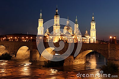 View of the basilica of the Virgen del Pilar and Ebro river, on Stock Photo