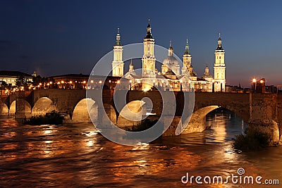 View of the basilica of the Virgen del Pilar and Ebro river, on Stock Photo