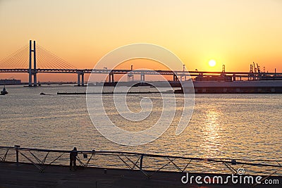 Bay Bridge over sunrise in Yokohama, Japan Stock Photo