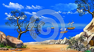 View of the Bay with Fishing vessels Against Blue Sky Stock Photo