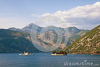 View of Bay of Kotor Adriatic Sea and two small islands . Montenegro Stock Photo