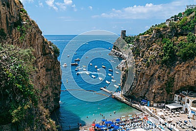 View of the bay, public beach of Marina di Praia. Mountain landscape coast of Italy, Amalfi. Sea and rocks, Tourists and vacations Editorial Stock Photo