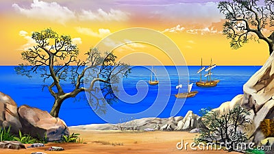 View of the Bay with Sailboats Against Yellow Sky at Dawn Stock Photo