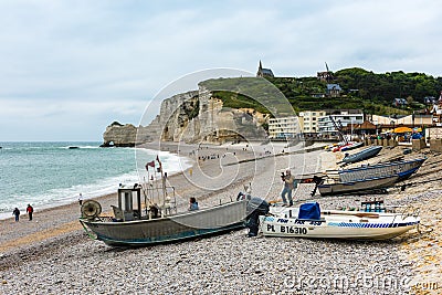 View of the beach and fishing boats in Etretat Editorial Stock Photo