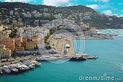 View of beach resort Cote d\'Azur with bay and yachts - Nice France Stock Photo