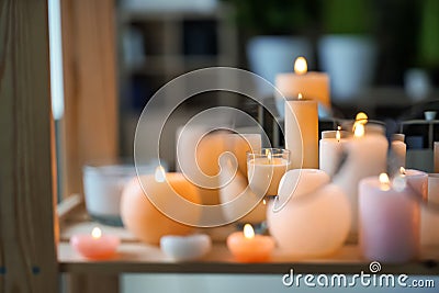 View at beautiful burning candles on wooden table through glasses Stock Photo