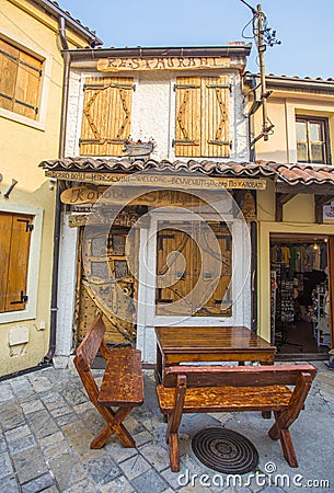 View of the beautiful exterior of the house and the front door in the old town of Bar. Editorial Stock Photo