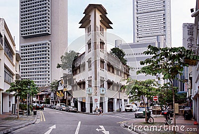 View of beautiful heritage building surrounded by modern high rise architecture in Singapore Editorial Stock Photo