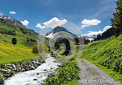 Beautiful mountain valley near Klosters on a summer day with a small creek running through it Stock Photo