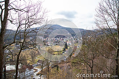 The view from the beautiful old castle Oybimn into the valley to Hain or Olbersdorf Stock Photo