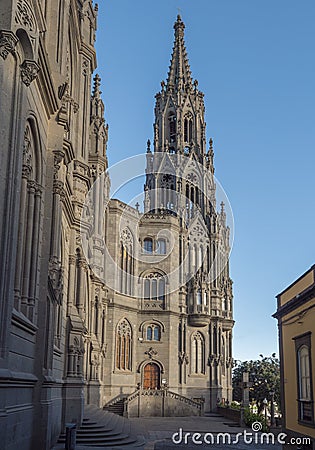 View on beautiful parish church of San Juan Bautista, impressive Neogothic Cathedral in Arucas, Gran Canaria, Spain Stock Photo