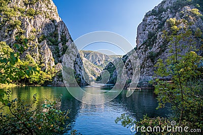 View of beautiful tourist attraction, lake at Matka Canyon in the Skopje surroundings. Stock Photo