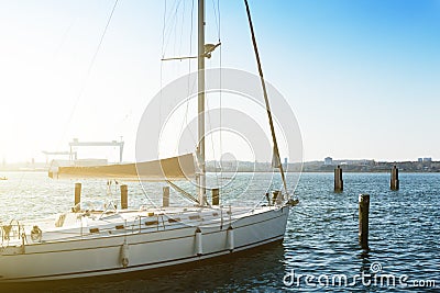 View of Beautiful White Yacht. Daylight. Horizontal. Sea Background. Stock Photo