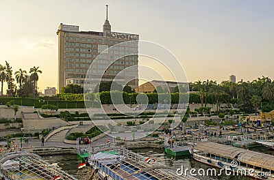 View of beautiful wide Nile River in the heart of the African capital city and Novotel Hotel Editorial Stock Photo