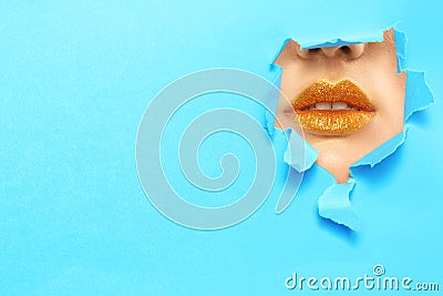 View of beautiful young woman with creative lips Stock Photo