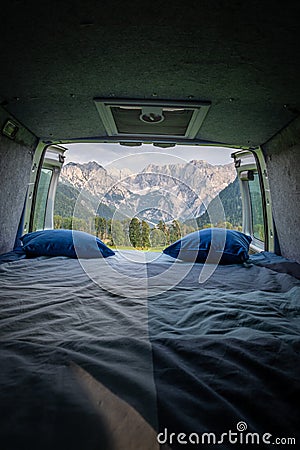 View from bed in camper van to Kamnik-Savinja Alps Stock Photo