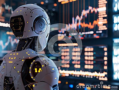 view from behind of a chatgpt robot looking at trading graph - ai. Stock Photo