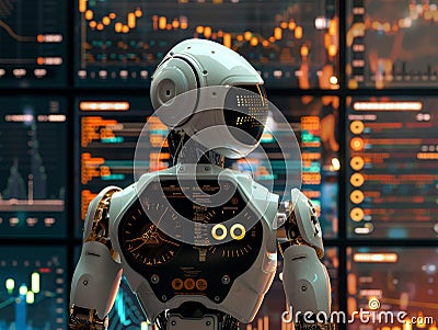 view from behind of a chatgpt robot looking at trading graph - ai. Stock Photo