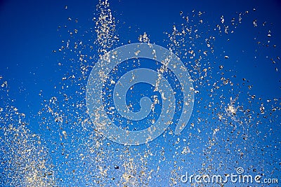 View from behind a waterfall. A beautiful view of green trees through the falling water cascade. Stock Photo