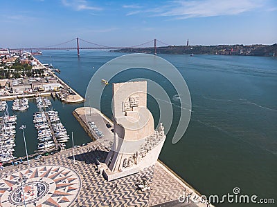 View of Belem district, civil parish of the municipality of Lisbon, Portugal, with Monument to the Discoveries and 25th of April B Editorial Stock Photo