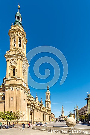 View at the Bell tower of Basilica of Our Lady of the Pillar in Zaragoza - Spain Editorial Stock Photo