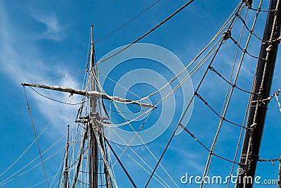 View From Below of Mast of Vintage Tall Ship Stock Photo