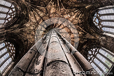 View from below of a stone pillar in Elgin cathedral Editorial Stock Photo