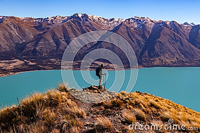 View from Ben Ohau, hiking Ben Ohau, Lake Ohau in the background with Ben Ohau range, New Zealand Stock Photo