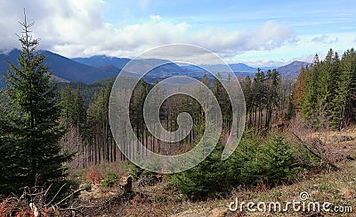 View of the Beskydy Mountains in the Czech Republic. Clouds over the mountains. Stock Photo