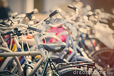 view on bicycles on parking places close up Stock Photo