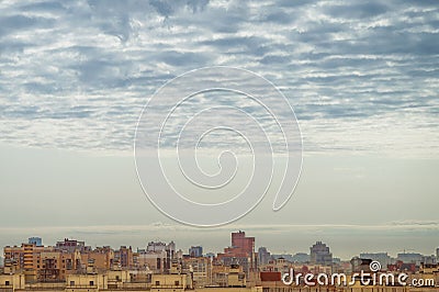 View big megalopolis under the cloudy sky, residential areas of St. Petersburg aerial view of the roofs of the houses Stock Photo