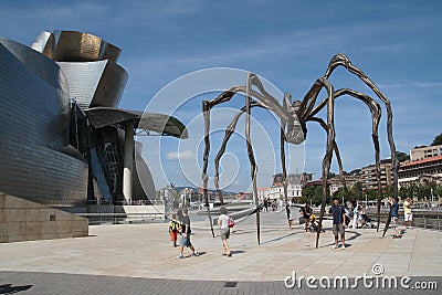 View of Bilbao Guggenheim Museum and the spider sculpture `Maman` by artist Bourgeois. Editorial Stock Photo