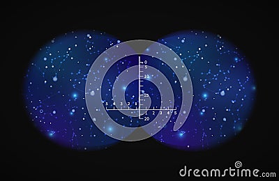 View from the binoculars on blue night sky with stars and constellations Vector Illustration