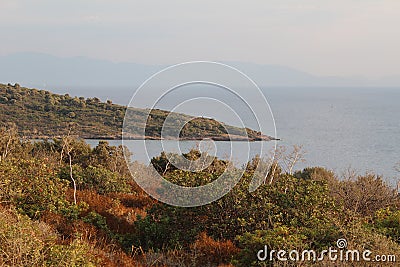 View to the sothernmost tip of Gorecek Adasi Island in the Aquarium Bay. Stock Photo