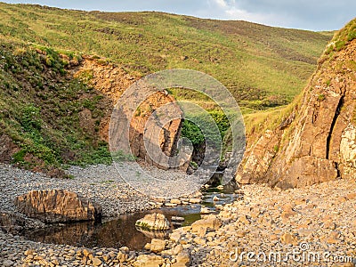 View from Blackpool beach near Hartland Quay looking inland. North Devon AONB. Stock Photo