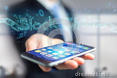 Blockchain title with a cahin made of data number - 3d render Stock Photo