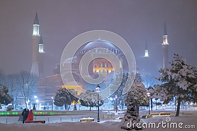 View of the Blue Mosque in the snowy winter. Istanbul, Turkey Stock Photo